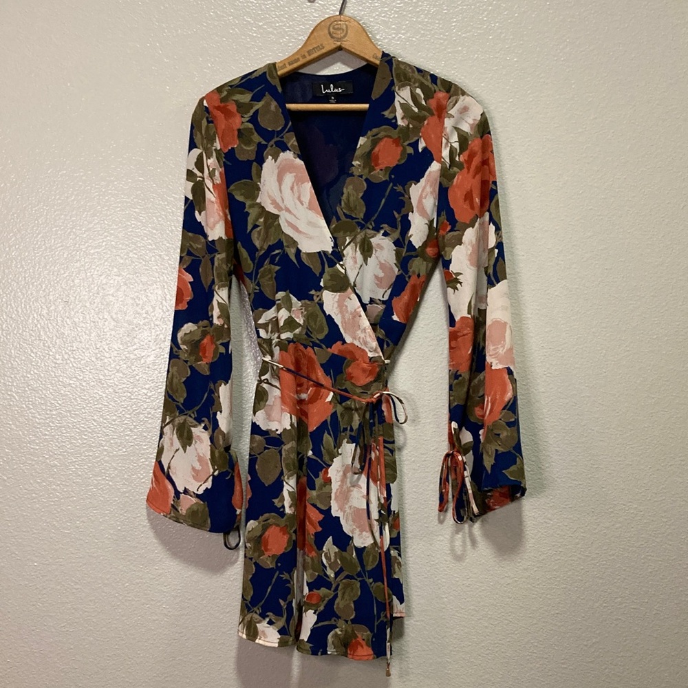 Lulu's Navy Floral Wrap Mini Dress with Coral Roses - Picture 3 of 11